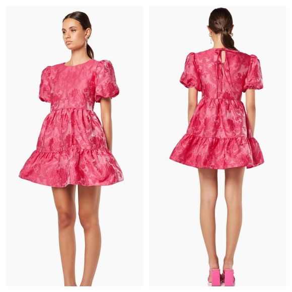 ELLIATT Wylla Dress Hot Pink Puff Sleeve Ruffle Mini Dress Tie Back XS - Picture 2 of 11